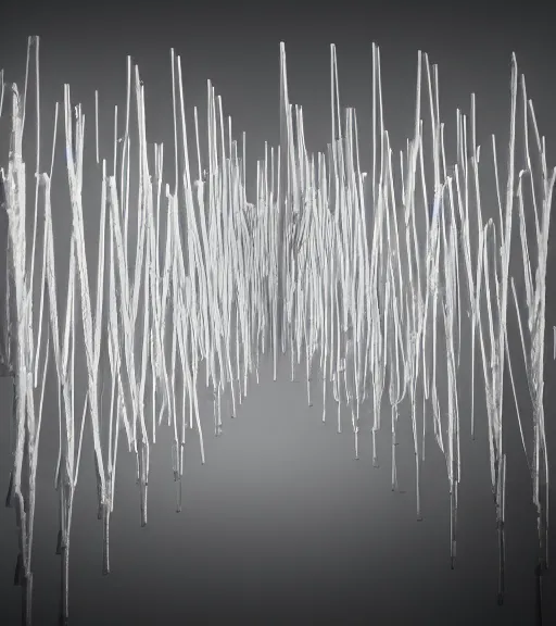 Prompt: surreal fence spike sculpture made of white crystalized aerial iridecent blood veins, inverted white massive cables in the air, in the gallery, foggy sky, dark night, octane render, unreal engine, pale colors, high detail, 8 k, wide angle, trending on artstation, behance