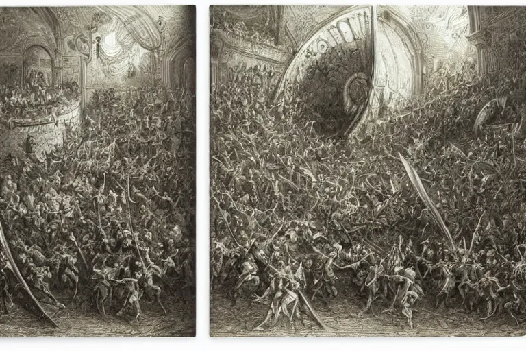 Image similar to highly detailed big open book, open book page, don quixote leave the book, symmetrical, masterpiece, by gene wolfe, highly detailed painting by gustave dore