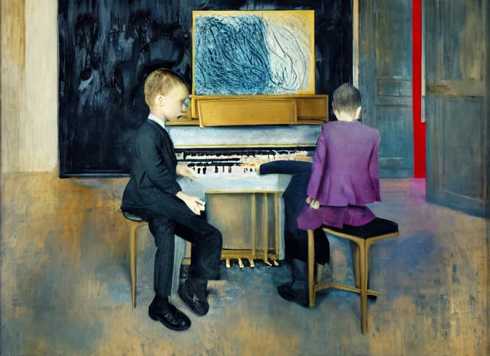 Prompt: portrait of a child piano player in suit waiting, vincent lefevre and hernan bas and pat steir and hilma af klint, psychological, photorealistic, dripping paint, washy brush, rendered in octane, altermodern, masterpiece