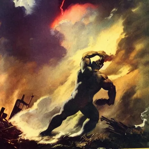 Prompt: house being destroyed and blown away by tornado, frank frazetta, dramatic lighting, a giant man stans amongst the reble - n 9