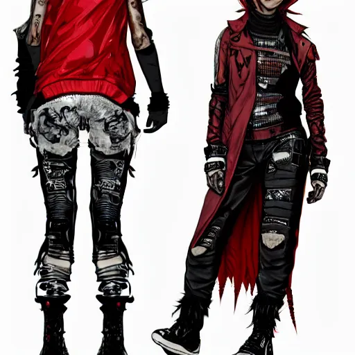 Image similar to a full body illustration of an Asian female cyberpunk character with red Mohawk, wearing oversized techwear jacket with one shoulder off revealing tank top underneath, torn punk leather pants, highly detailed, soft lighting, by Glenn Fabry, HD, 4K