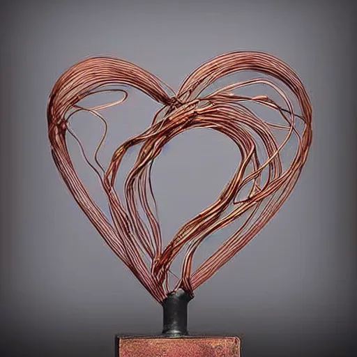 Image similar to a very beautiful tiny ( ( ( ( ( ( ( ( human heart ) ) ) ) ) ) ) )!!!!!!!!!!!!!!!!!!!!!!!!! organic sculpture made of copper wire and threaded pipes, very intricate, curved. studio lighting, high resolution, high quality, black background