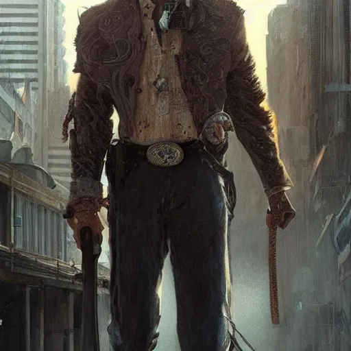 Image similar to full figure ultra realistic illustration, ed harris wearing a cowboy outfit in a dystopian city, intricate, elegant, highly detailed, digital painting, artstation, concept art, smooth, sharp focus, illustration, art by artgerm and greg rutkowski and alphonse mucha