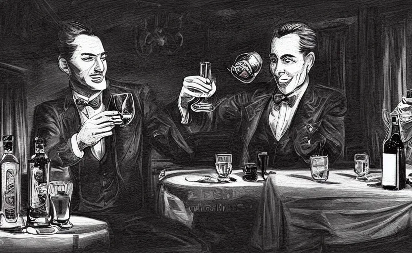 Image similar to A handsome Frenchman and the devil toasting over a whiskey, film noir style, black and white and red colors, establishing shot, extremely high level of detail, high quality, digital art