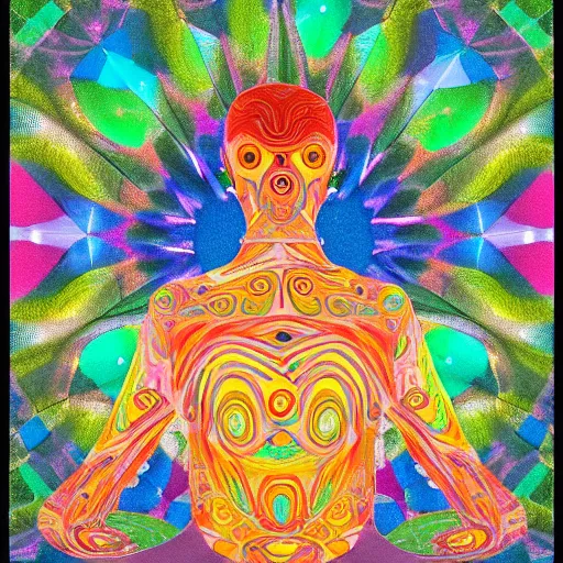 Image similar to A beautiful kinetic sculpture of a man with a large head, sitting in what appears to be a meditative pose. His eyes are closed and he has a serene look on his face. His body is made up of colorful geometric shapes and patterns that twist and turn in different directions. It's almost as if he's sitting in the middle of a kaleidoscope! stuckism, chillwave by Marcel Chagall daring