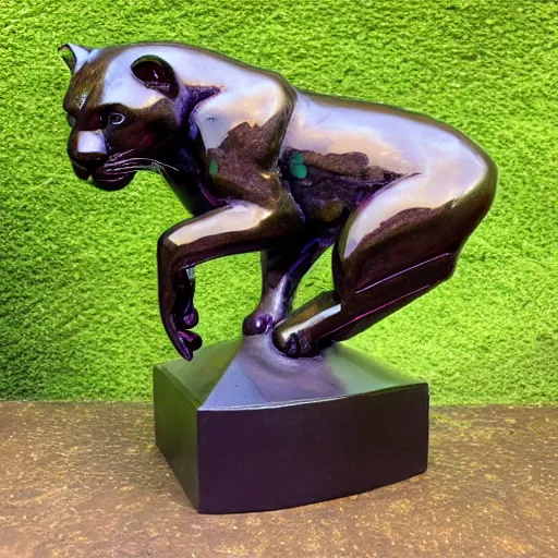 Image similar to Bronze Jaguar sculpture with glowing purple eyes