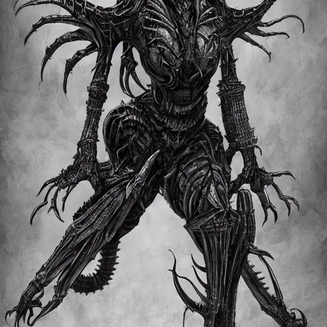 Image similar to an female humanoid dressed like a punk as a fusion of a dragon, a kaiju, and a deathclaw in the style of leonard boyarsky in the style of h. r. giger in the style of frank frazetta trending on artstation deviantart pinterest detailed hyper detailed photorealistic hd 8 k post - processing high resolution