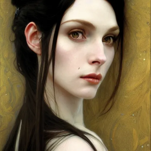 Image similar to Portrait of a beautiful, pale skin, female with long black hair, dark, piercing eyes, gentle expression, elegant clothing, photorealistic, highly detailed, artstation, smooth, sharp focus, art by Klimt, artgerm, Greg Rutkowski and Alphonse Mucha