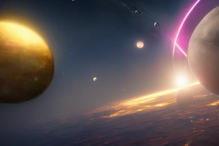 Image similar to two planets crashing, high details, starry space, hyper real, unreal engine 5, cosmos, beautiful lighting, post processing