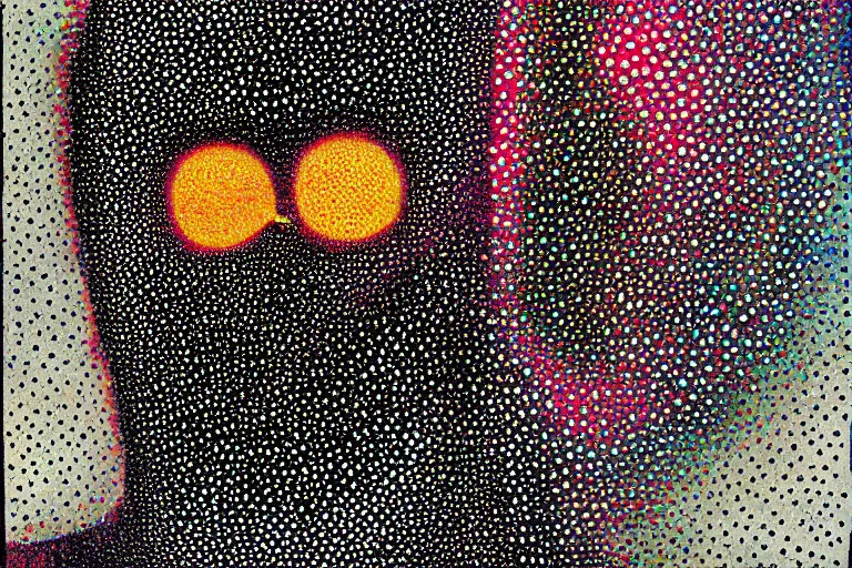 Image similar to anxiety, faceless people dark, dots abstract, dripping, stipple, pointillism, technical, abstract, minimal, style of francis bacon, asymmetry, pulled apart, stretch, cloak, eerie, made of dots, abstraction chemicals, balaclava mask, colored dots, sploch