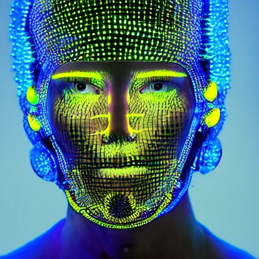 Prompt: a portrait of a beautiful young male wearing an alexander mcqueen armor made of neon lights, photographed by andrew thomas huang, artistic