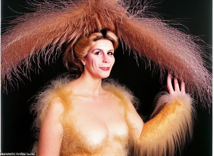 Prompt: realistic photo portrait of the woman morphing into a bird, morphing into a woman, hairy fur fluffy feathers with sparkles, in the wooden and fancy expensive wooden room interior, neutral colors, 1 9 9 0, life magazine reportage photo