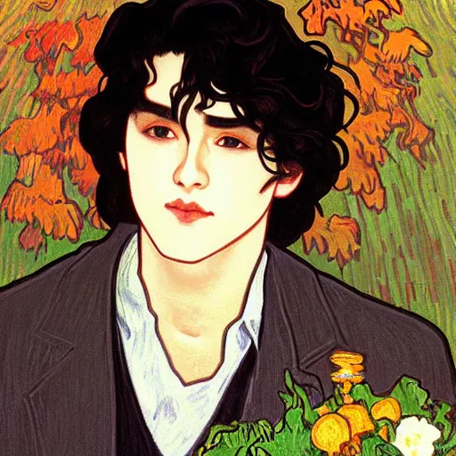 Prompt: painting of young cute handsome beautiful dark medium wavy hair man in his 2 0 s named shadow taehyung and cute handsome beautiful min - jun together at the graveyard party, ghostly, haunted gravestones, ghosts, autumn! colors, elegant, wearing suits!, clothes!, clear, delicate facial features, art by alphonse mucha, vincent van gogh, egon schiele