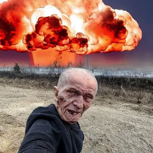 Prompt: last selfie of last alive ukrainian very damaged body to bones running from nuclear strike, a nuclear explosions in the background, dead bodies everywhere, 2 0 2 2