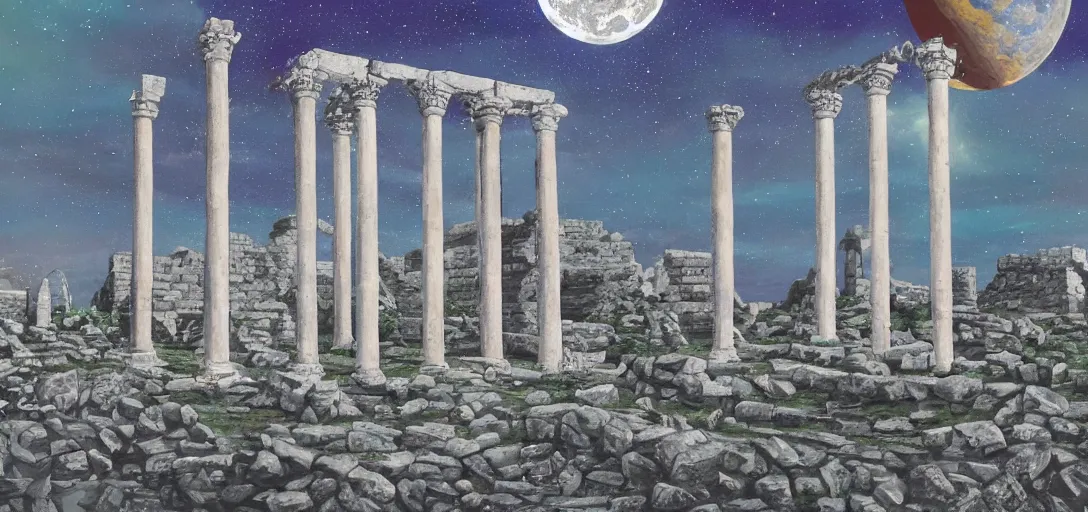 Image similar to The ruins of the Silver Millennium on the moon from Sailor Moon, digital painting, Earth in the distance, Greek-esque columns and ruins