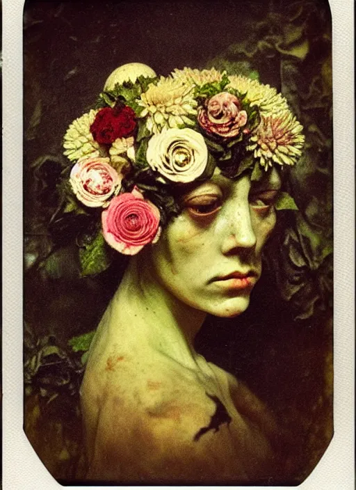 Image similar to beautiful and detailed rotten woman made of plants and many types of stylized flowers like carnation, chrysanthemum, roses and tulips, intricate, surreal, john constable, guy denning, gustave courbet, caravaggio, romero ressendi 1 9 1 0 polaroid photo