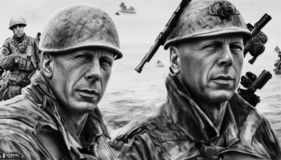 Image similar to black and white 4 0's photos of bruce willis during d - day in omaha beach, hyperdetailed, artstation, cgsociety, 8 k