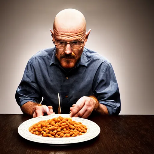 Image similar to walter white eating baked beans, photography,