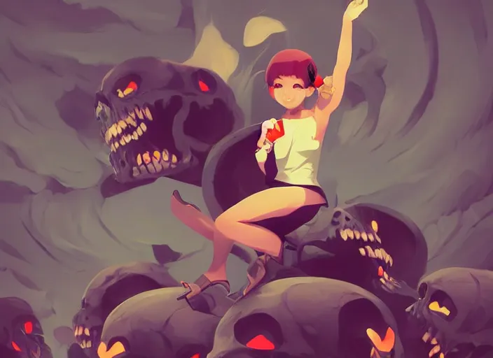 Image similar to cute smiling demon sitting on a pile of skulls. clean cel shaded vector art. behance hd by lois van baarle, artgerm, helen huang, by makoto shinkai and ilya kuvshinov, rossdraws, illustration, art by ilya kuvshinov