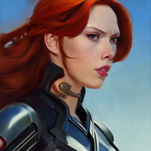 Image similar to greg manchess portrait painting of fully armored natasha romanova aka black widow as overwatch character, medium shot, asymmetrical, profile picture, organic painting, sunny day, matte painting, bold shapes, hard edges, street art, trending on artstation, by huang guangjian and gil elvgren and sachin teng