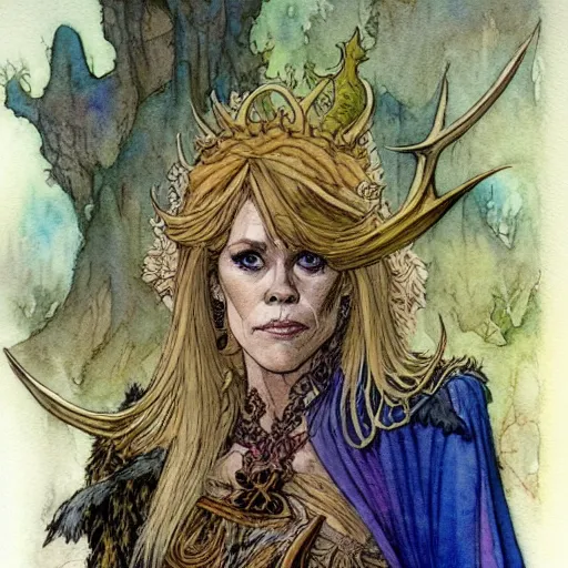 Image similar to a realistic and atmospheric watercolour fantasy character concept art portrait of jane fonda as a druidic warrior wizard looking at the camera with an intelligent gaze by rebecca guay, michael kaluta, charles vess and jean moebius giraud