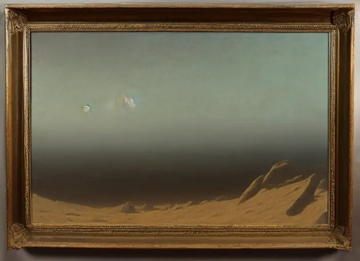 Prompt: mare tranquillitatis on the moon, lunar surface in the style of hudson river school of art, oil on canvas