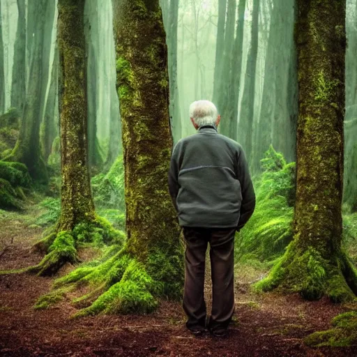 Image similar to old man waiting for you in the forest, mossy forest, mystical, ancient, light from above, fantasy