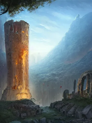 Prompt: ruins of a crumbling giant tower falling down. elegant, highly detailed, digital painting, artstation, concept art, sharp focus, illustration, by justin gerard and artgerm, 8 k