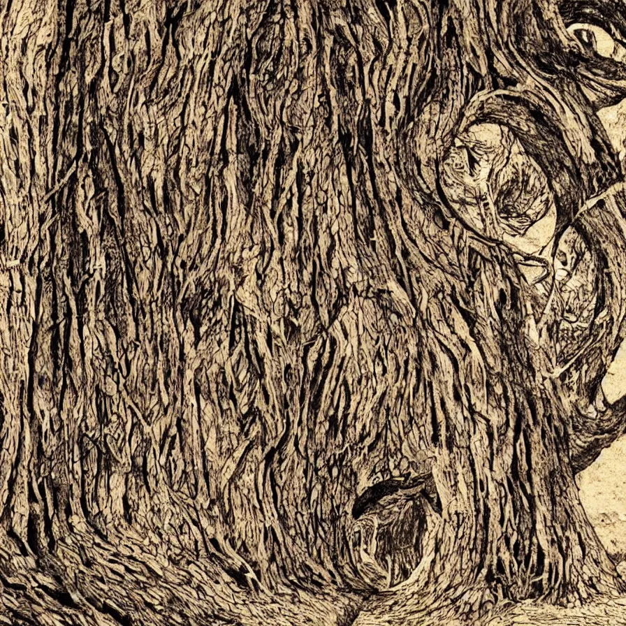 Image similar to Artwork about walking through the paths drawn in tree bark'.