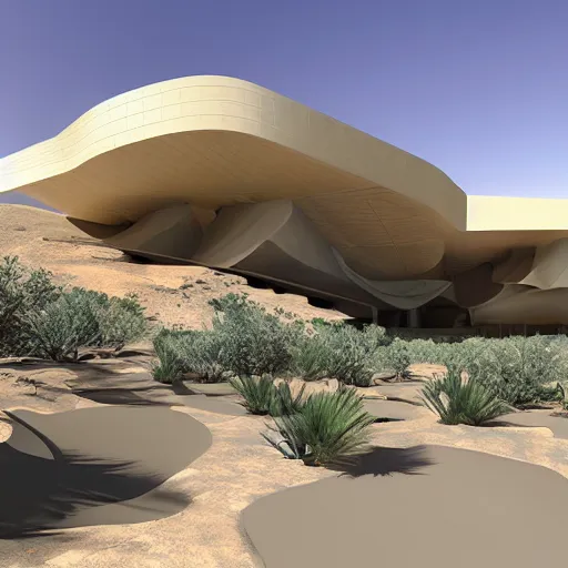 Image similar to architectural rendering, full size view of biophilia building in the desert, biomimetry