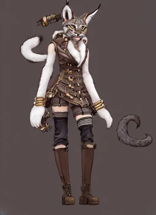 Prompt: wide angle beautiful full body portrait of a strong female anthropomorphic anthro lynx fursona wearing a steampunk dress. from behind, character design by disney, anime, manga, charlie bowater, ross tran, artgerm, and makoto shinkai, detailed, soft lighting, rendered in octane, white fur