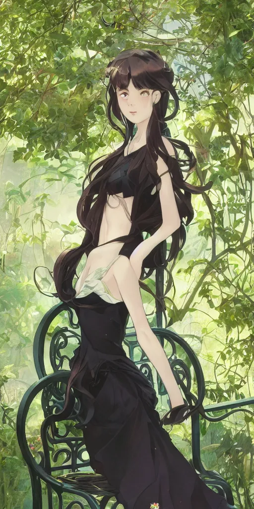 Image similar to a loli with long hair in a black dress sitting on a metal garden chair in the privet garden at afternoon, green and warm theme, back lighting, highly detailed, by krenz cushart and mucha and akihito yoshida and greg rutkowski and makoto shinkai and studio ghibli, detailed eyes, 4 k resolution, trending on art station