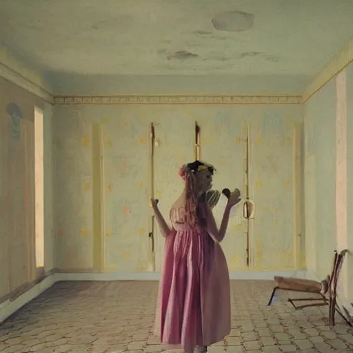 Image similar to a beautiful flowery girl in an soviet golden liminal abandoned room, film still by wes anderson, depicted by balthus, limited color palette, very intricate, art nouveau, highly detailed, lights by hopper, soft pastel colors