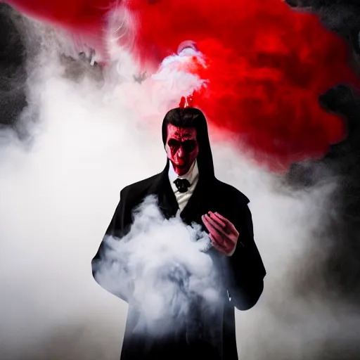Prompt: dracula exhaling a huge smoke cloud of blood, award winning conceptual photography