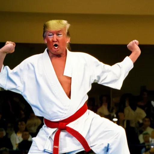 Prompt: donald trump as the karate kid, karate kid crane kick