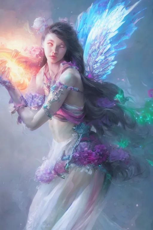 Image similar to beautiful girl necromancer, magical fairy exploding into flowers, angels, 3 d render, hyper - realistic detailed portrait, holding fire and electricity rainbow, ruan jia, wlop. scifi, fantasy, magic the gathering, hyper detailed, octane render, concept art, peter mohrbacher