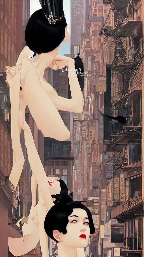 Image similar to a tall and beautiful pale woman with very black hair with a crown on her head walk in the streets of new york circa 1 9 8 4 edward hopper and james gilleard, surreal, open ceiling, highly detailed, airbrush, ilya kuvshinov, wlop, stanley artgerm, very coherent, art by takato yamamoto and james jean