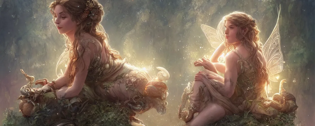 Image similar to a beautiful fairy with realistic facial features sitting next to a giant snail with sparkles, D&D, fantasy, intricate, cinematic lighting, highly detailed, digital painting, artstation, concept art, smooth, sharp focus, illustration, art by Terry Moore and Greg Rutkowski