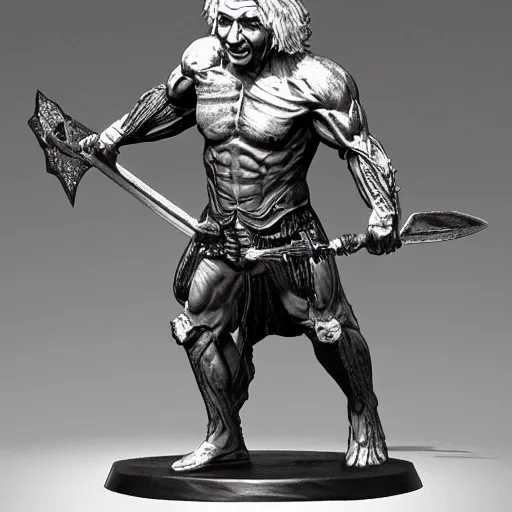 Prompt: muscular albert einstein wearing daedric armor wielding a daedric battleaxe d & d detailed photo photorealistic