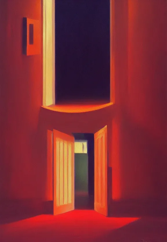 Image similar to entrance to ethereal realm, cinematic and highly detailed oil painting by josep tapiro baro and edward hopper, trending on artstation, oil painting masterpiece, symmetry, mysterious, very aesthetic, cinematic and dramatic red light, 4 k,
