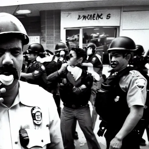 Image similar to selfie of a cop eating a donut with a riot taking place behind him, los angeles 1 9 9 2,