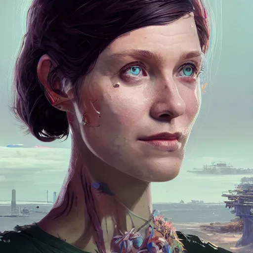 Image similar to highly detailed portrait, a woman with robotic parts, in gta v, stephen bliss, unreal engine, fantasy art by greg rutkowski, loish, rhads, ferdinand knab, makoto shinkai and lois van baarle, ilya kuvshinov, rossdraws, tom bagshaw, global illumination, radiant light, detailed and intricate environment