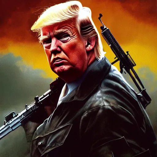 Image similar to trump as rambo, movie poster, digital art, high - detailed, 4 k, artstation, hyper - realistic, by drew struzan