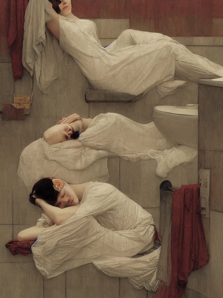 Image similar to glitched photo of a woman sleeping in a public bathroom by J. C. Leyendecker and Edmund Blair Leighton and Charlie Bowater, Beksinski painting