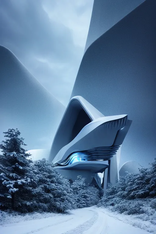 Image similar to a futuristic scene in front of a zaha hadid building in the forrest of the french alps in the style of chris moore, stormy moody weather, cinematic matte painting, extreme detail 8 k photo quality, pastel hues, snowfall, featured on behance