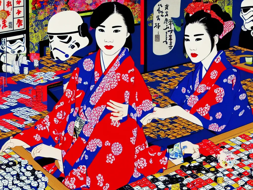 Image similar to hyperrealism composition of the detailed single woman in a japanese kimono sitting at an extremely detailed poker table with stormtrooper, fireworks, river on the background, pop - art style, jacky tsai style, andy warhol style, acrylic on canvas