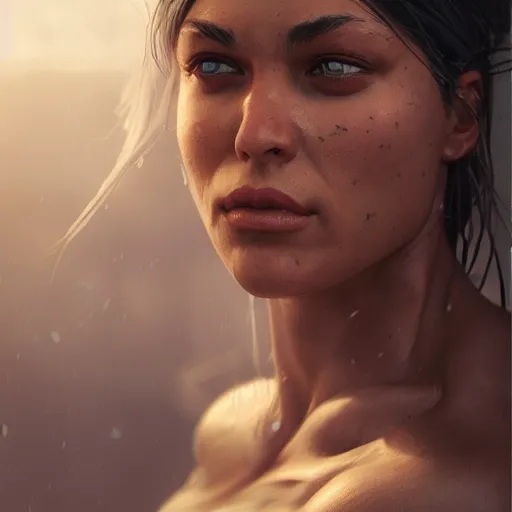 Image similar to a woman with muscles, digital art, photorealistic, unreal engine, 8 k resolution, artstation, beautiful face, pretty face, very detailed eyes, by wlop, greg rutkowski, simon bosley