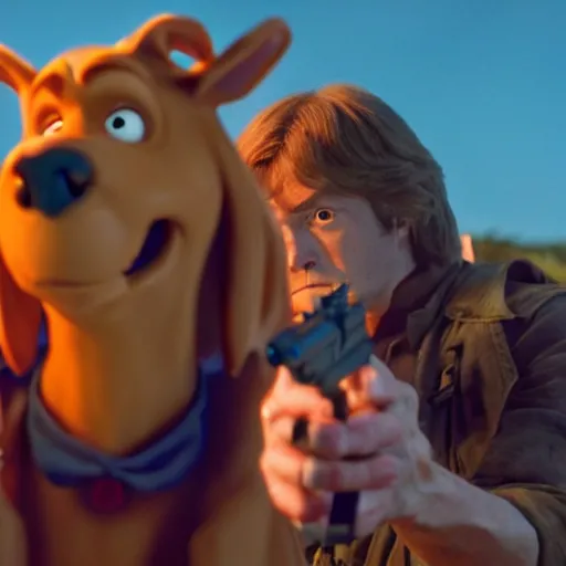 Image similar to scooby doo holding a gun, film still from the movie directed by denis villeneuve with art direction by bill ward, wide lens