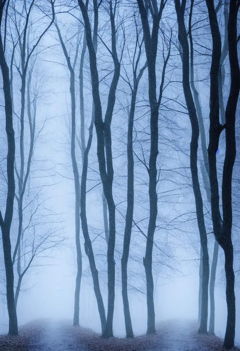 Image similar to eerie photo of a path in the middle of a frozen winter morning spooky forest, treelined, fog, award winning photography, anamorphic lens, f 2. 0, mystical, ultra high definition, ultra detailed,