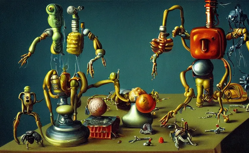 Prompt: strange robot body, disturbing colorful oil painting dutch golden age vanitas still life sparse composition with bizarre objects strange gooey transparent surfaces shiny metal reflections bizarre mutant meat insects rachel ruysch dali todd schorr very detailed perfect composition rule of thirds masterpiece canon 5 0 mm, cinematic lighting, photography, retro, film, kodachrome